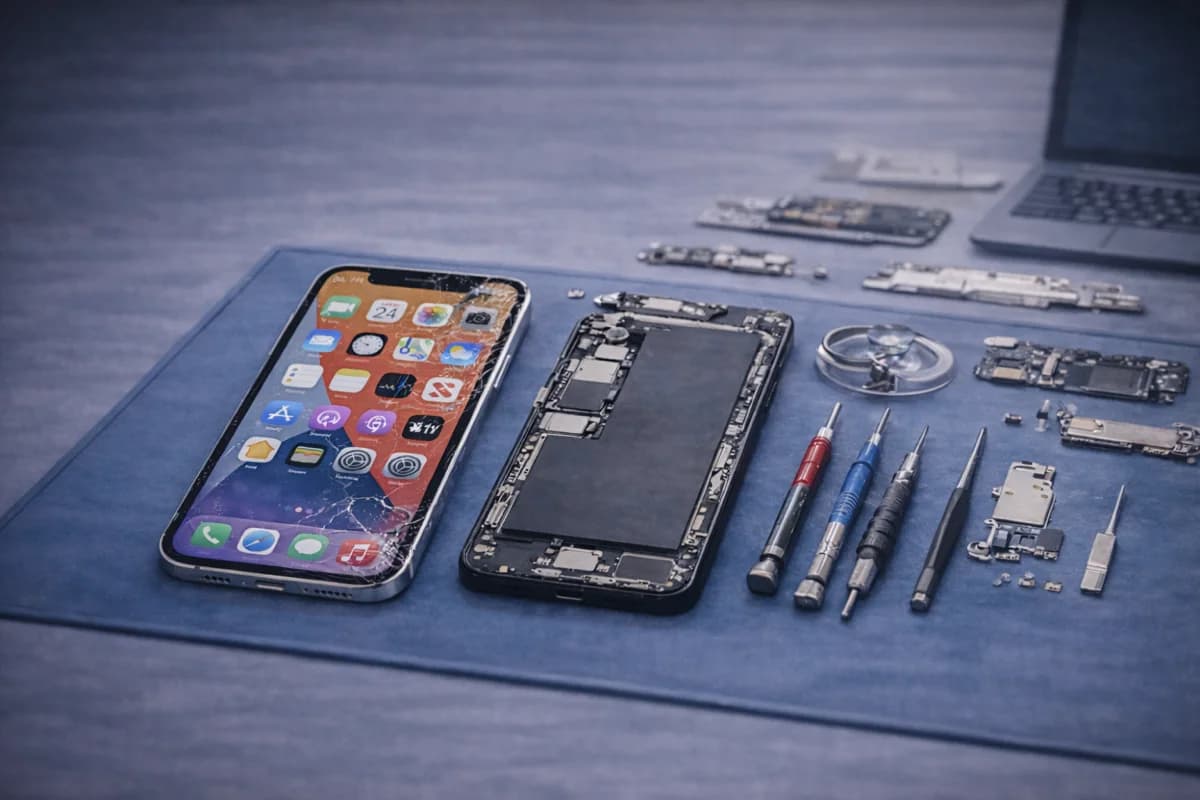 iPhone repair promotion banner with tools and a phone on a repair bench