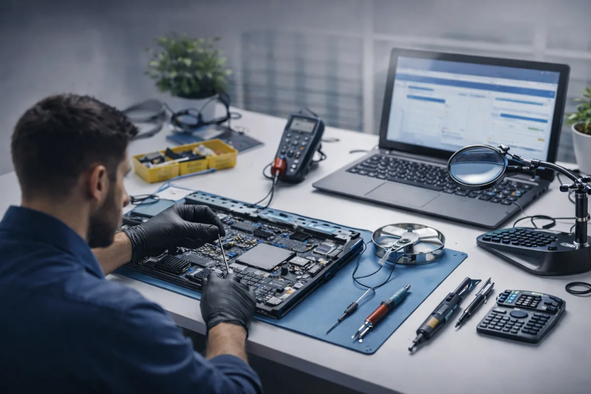 Technician checking a laptop with diagnostic tools and repair equipment