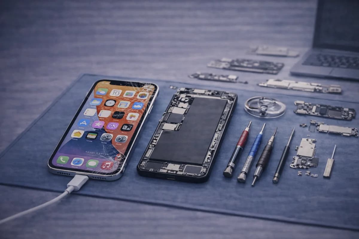 Cracked iPhone screen next to repair tools and replacement display