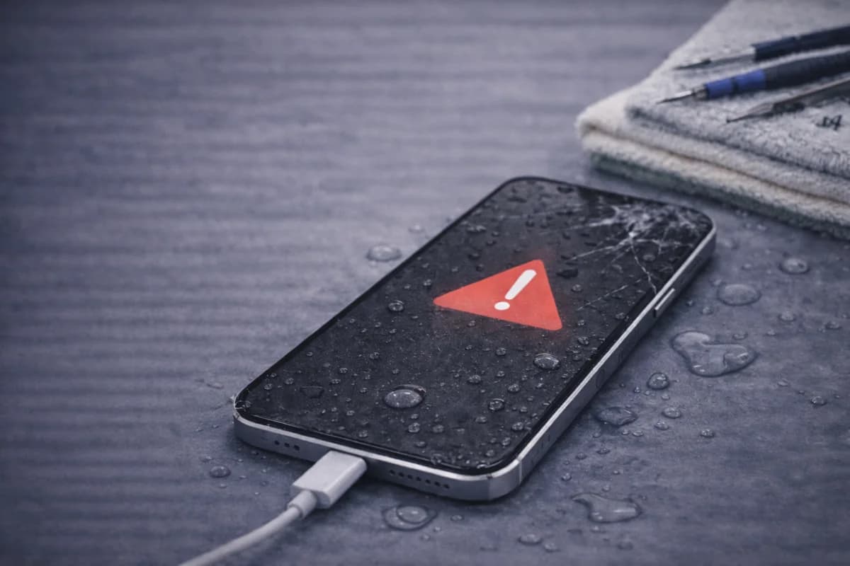 Wet iPhone next to towels and repair tools on a workbench
