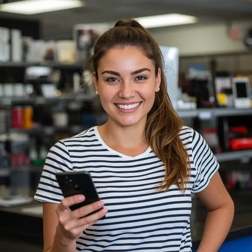 Customer holding a repaired phone at our Houston repair shop
